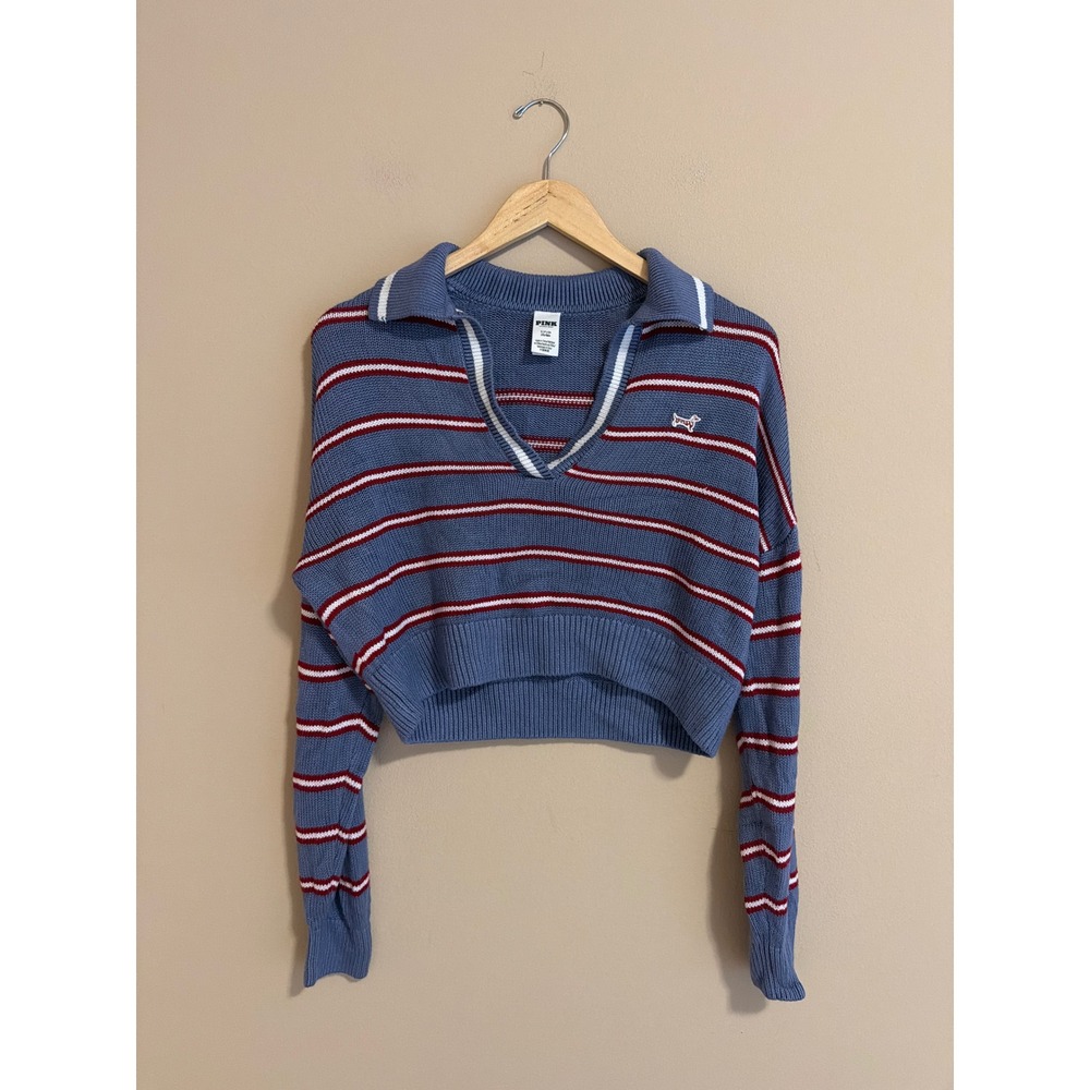 Victoria's Secret PINK Cropped Sweater Blue Red White Striped V-Neck Small
